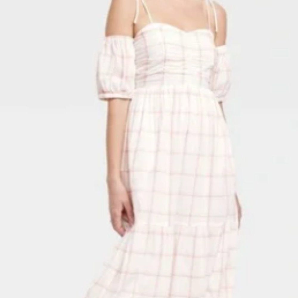 Universal Thread Women's Puff Short Sleeve A-Line Dress - Cream Plaid XL - Picture 1 of 9